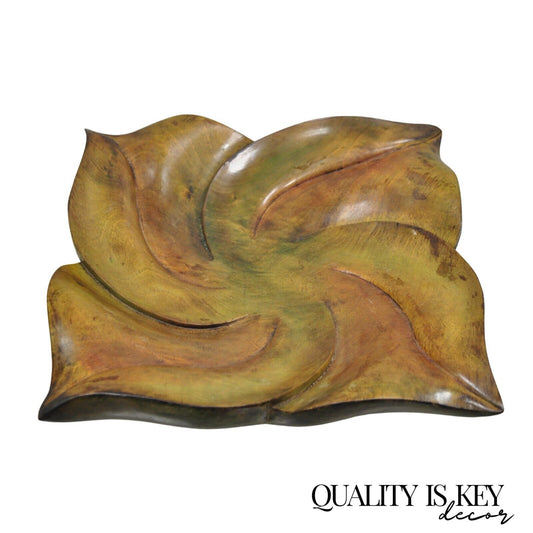 Vintage Dan Karner Mid Century Modern Square Carved Wood Leaf Centerpiece Bowl