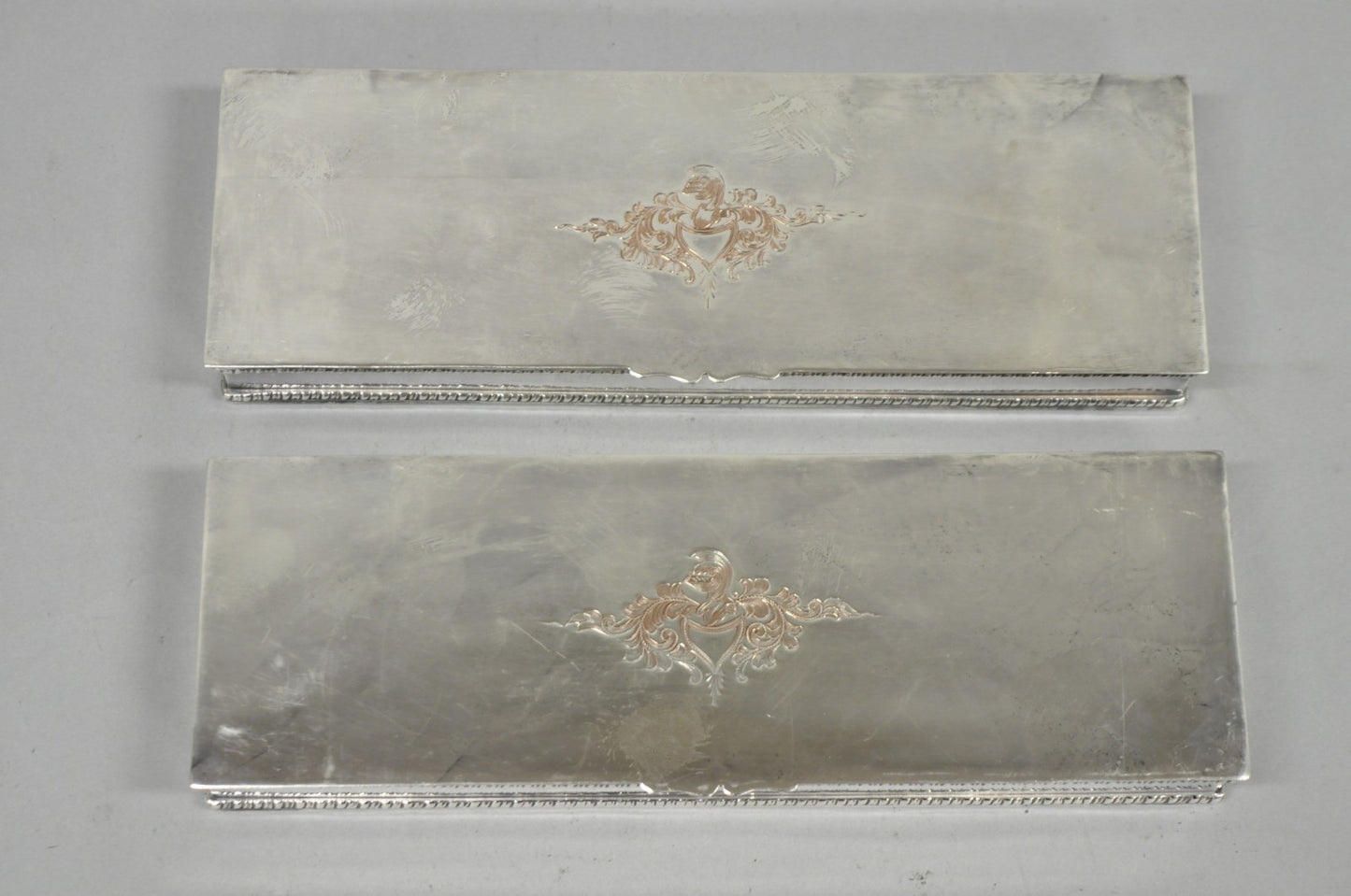 Vintage English Regency Silver Plated Narrow Vanity Dresser Jewelry Box - a Pair