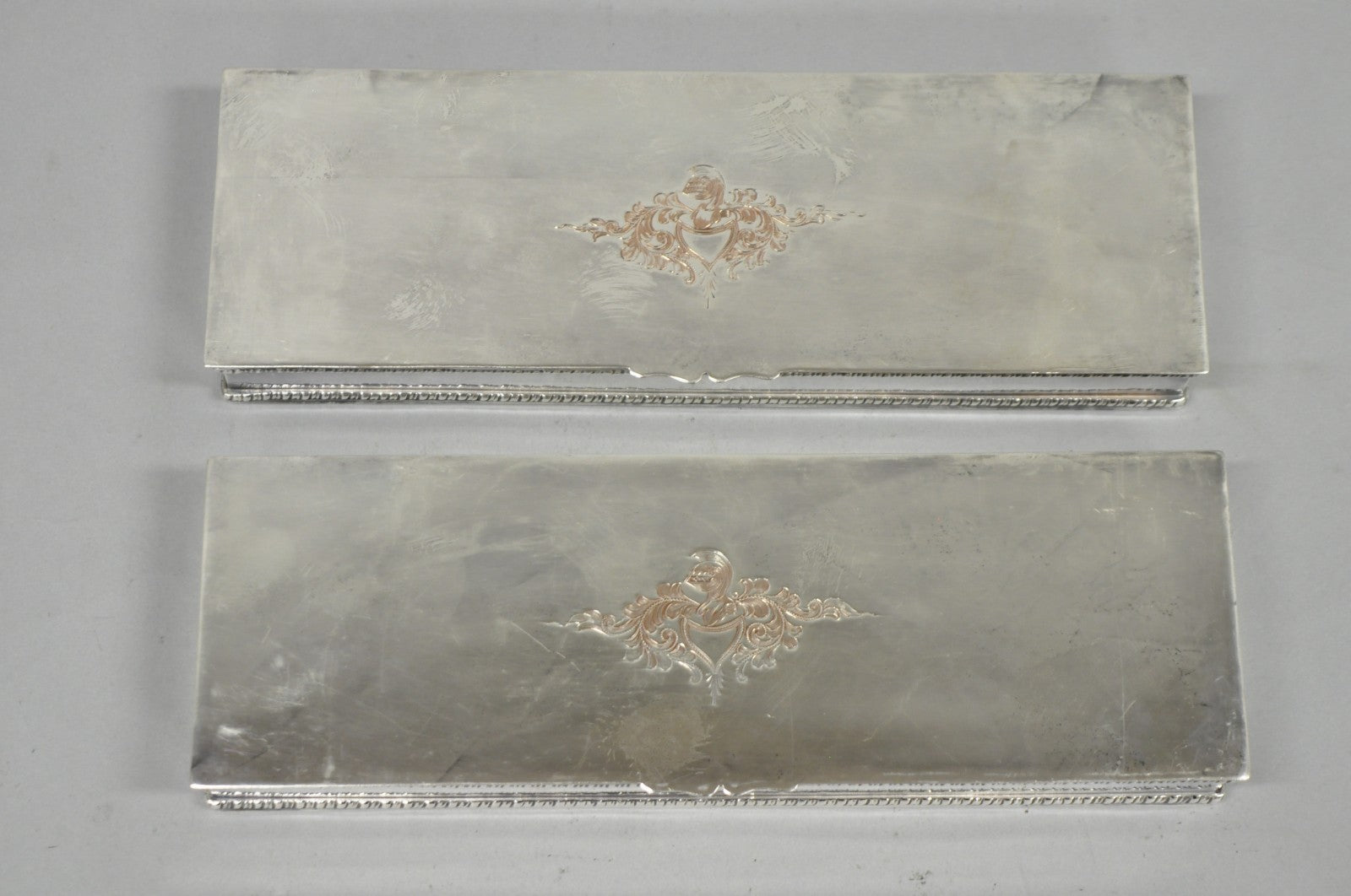 Vintage English Regency Silver Plated Narrow Vanity Dresser Jewelry Box - a Pair