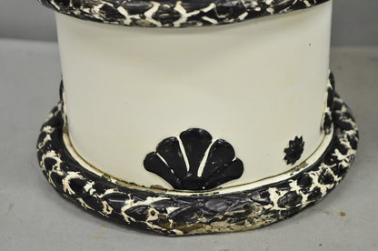 Vintage Hollywood Regency Lotus Leaf Black & White Metal Column Table Lamps Pair