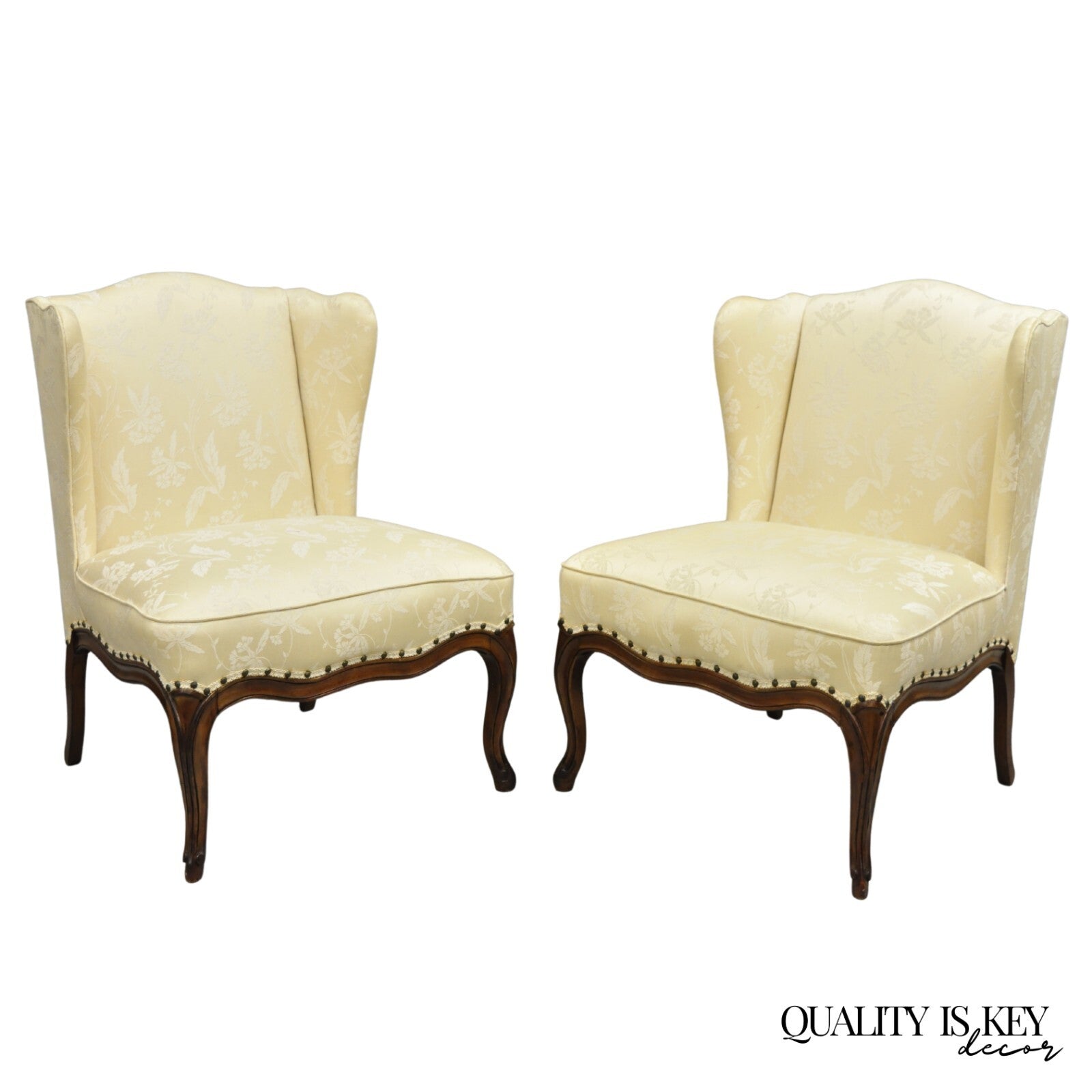 Vintage French Country Provincial Cherry Cabriole Leg Slipper Lounge Chair Pair