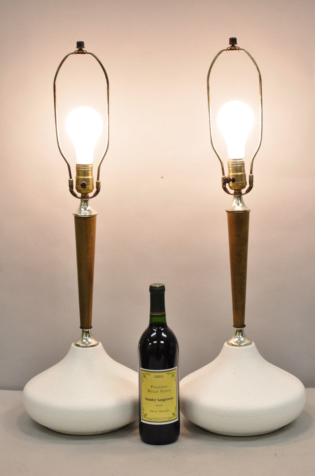 Mid Century Modern Atomic Era Sculpted Wood White Ceramic Table Lamps - a Pair