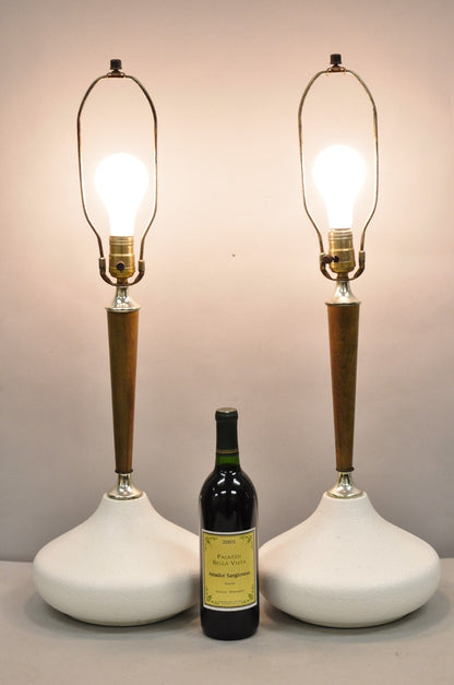 Mid Century Modern Atomic Era Sculpted Wood White Ceramic Table Lamps - a Pair