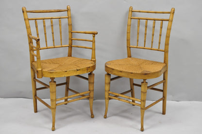 Antique English Regency Faux Bamboo Rush Seat Wooden Dining Chairs - Set of 6