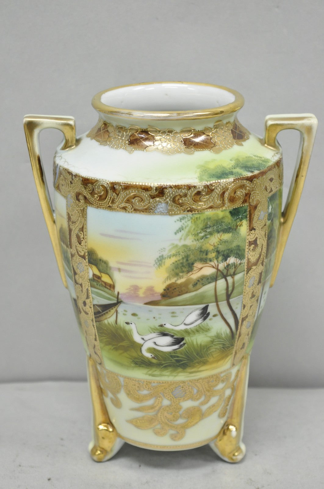 Antique Nippon Hand Painted Porcelain Twin Handled Vase w/ Swan & Lake Scene