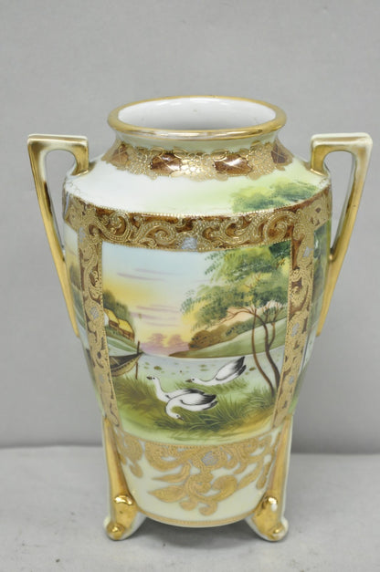 Antique Nippon Hand Painted Porcelain Twin Handled Vase w/ Swan & Lake Scene