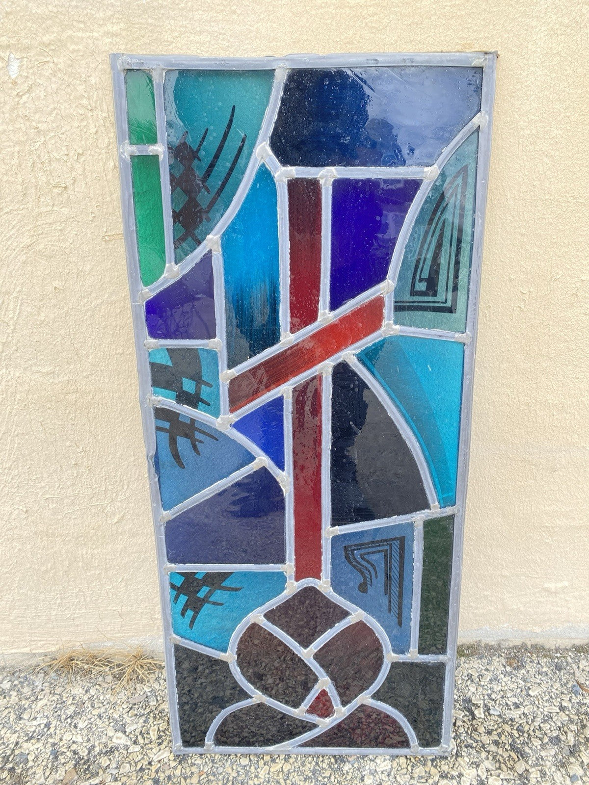 Vintage Art Deco Blue & Red Leaded Stained Glass Church Window w/ Cross 29x13