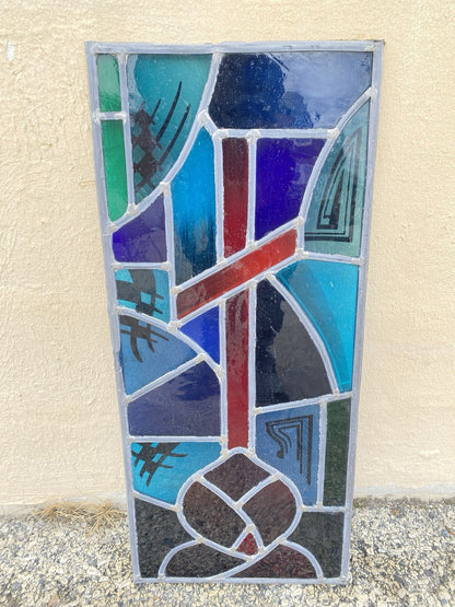 Vintage Art Deco Blue & Red Leaded Stained Glass Church Window w/ Cross 29x13