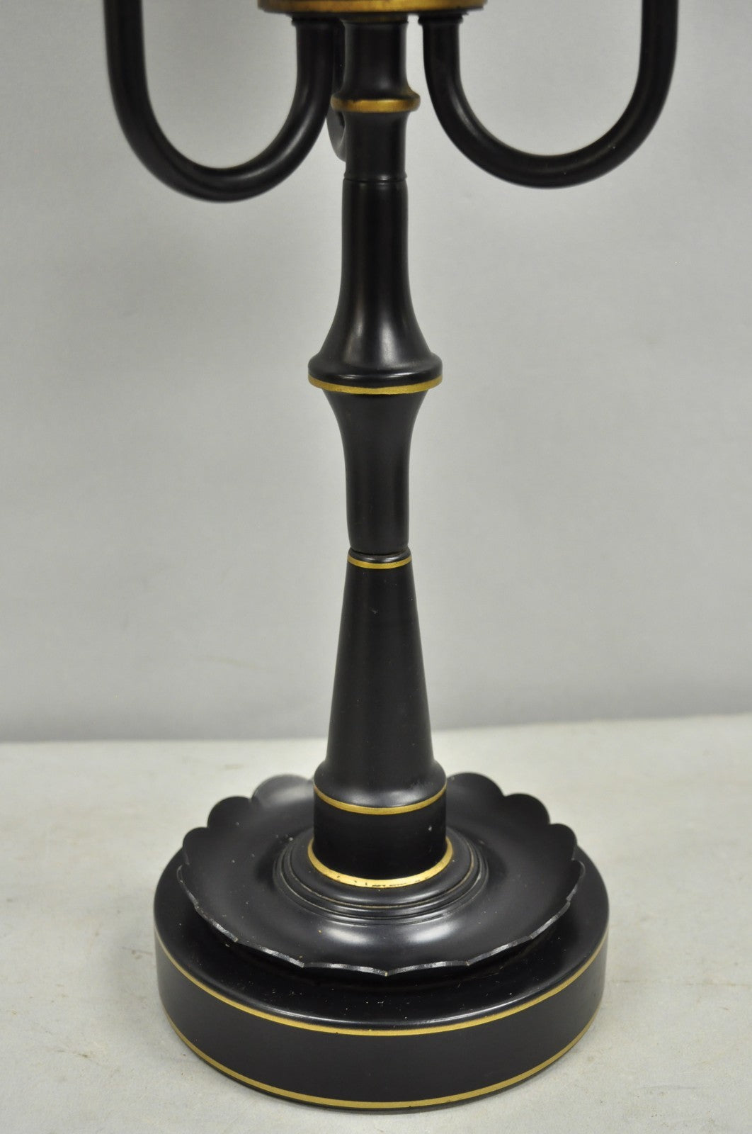 Vintage French Country Black Tole Metal Three Arm Candelabra Table Lamp w/ Shade