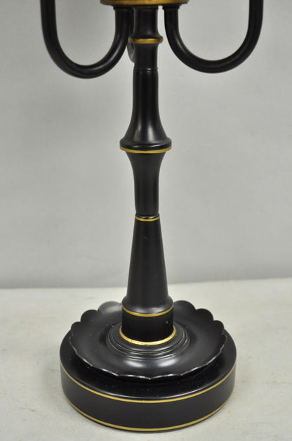 Vintage French Country Black Tole Metal Three Arm Candelabra Table Lamp w/ Shade