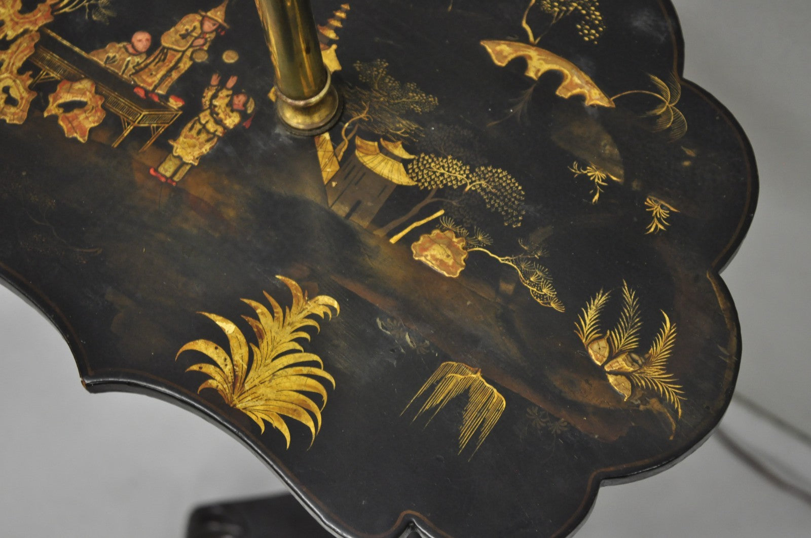 Antique Chinoiserie English Regency Black Lacquer Carved Wood Floor Lamp Table