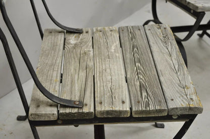 Antique French Industrial Wrought Iron Wooden Slat Seat Side Chairs - a Pair