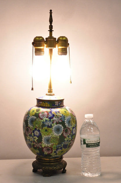 Cloisonne Porcelain Enamel Small Bronze Bulbous Chinese Ginger Jar Table Lamp