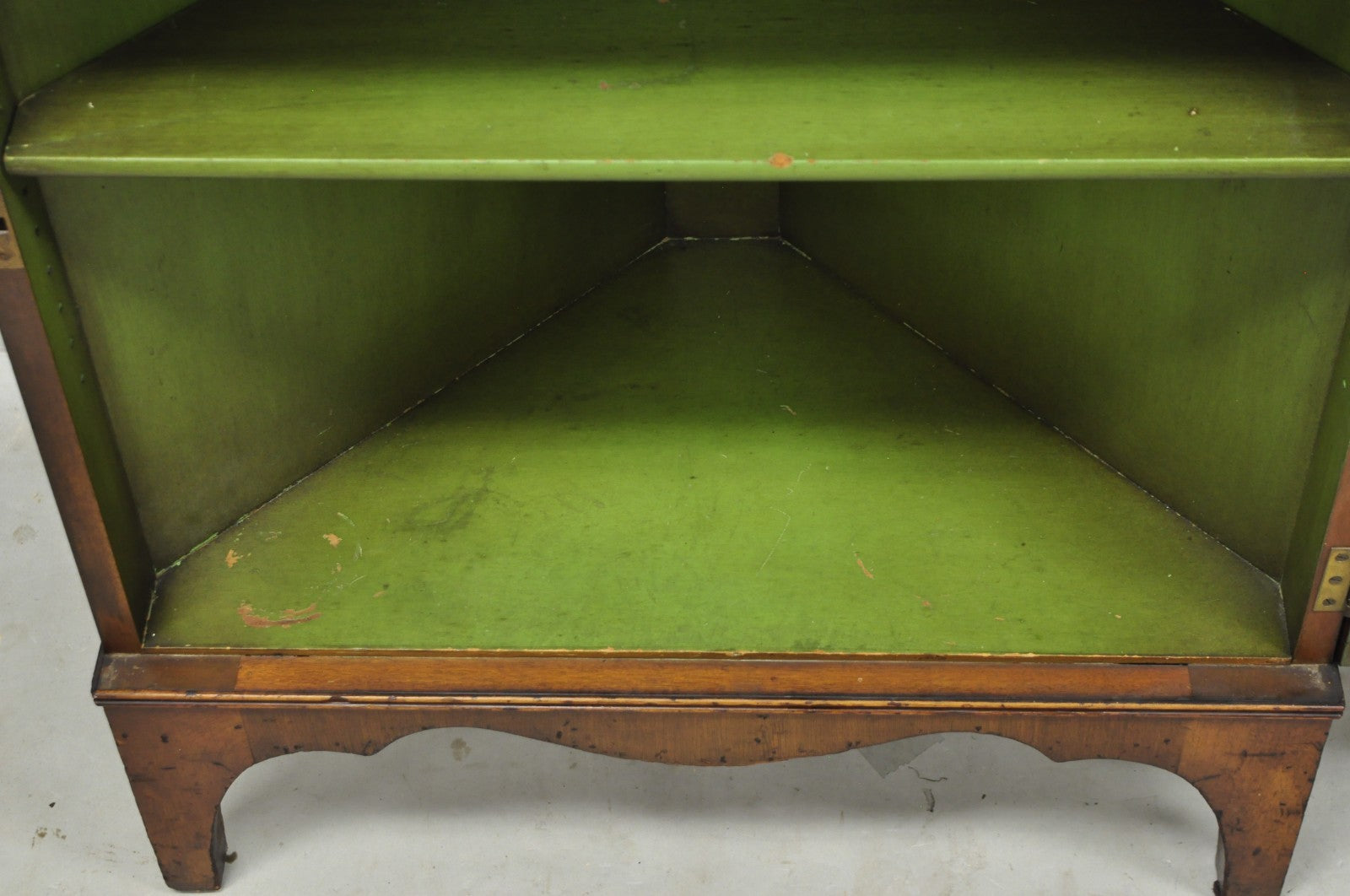 Antique English Adams Style Green Hand Painted Narrow Corner China Cabinet