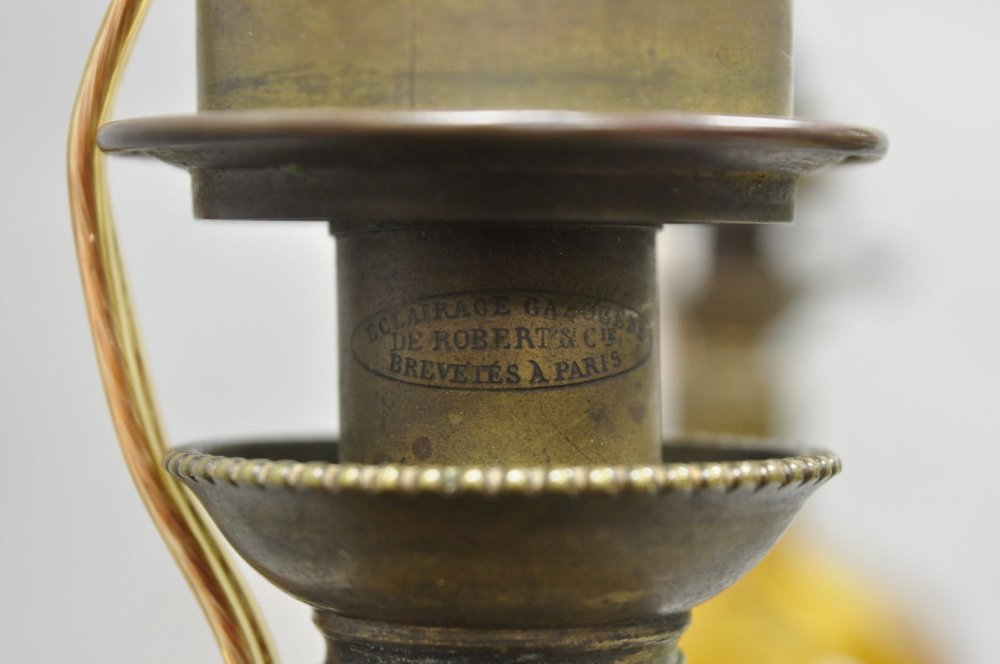 Antique French Victorian Amber Glass & Bronze Converted Oil Lamp Table Lamp Pair