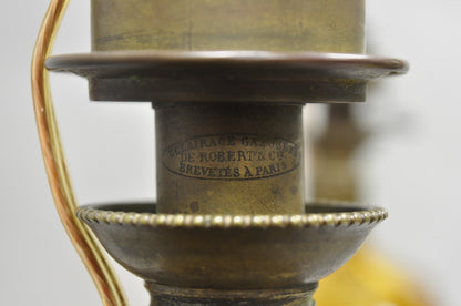 Antique French Victorian Amber Glass & Bronze Converted Oil Lamp Table Lamp Pair