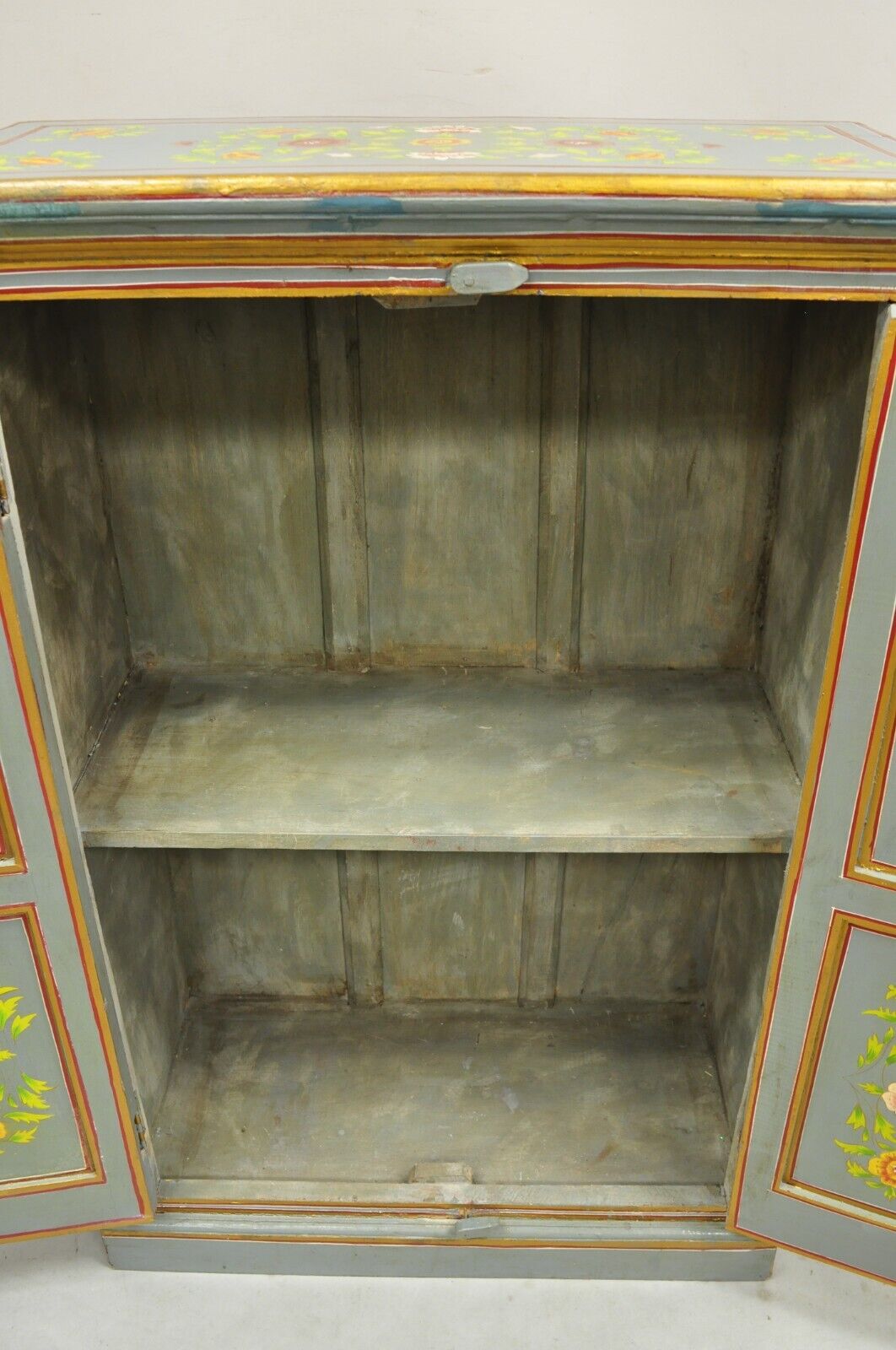 Vintage French Country Style Blue Painted Floral Wooden 2 Door Cupboard Cabinet