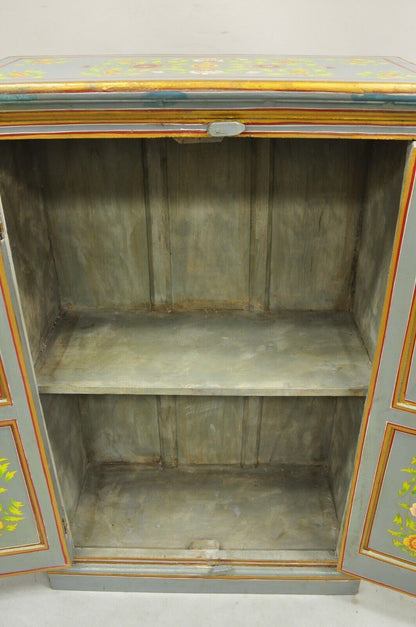Vintage French Country Style Blue Painted Floral Wooden 2 Door Cupboard Cabinet
