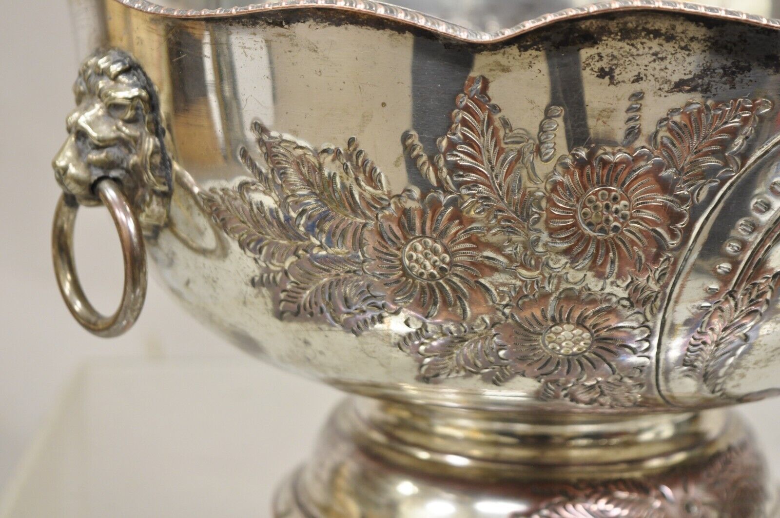 Antique English Regency Victorian Floral Repousse Lion Punch Bowl Ice Bucket