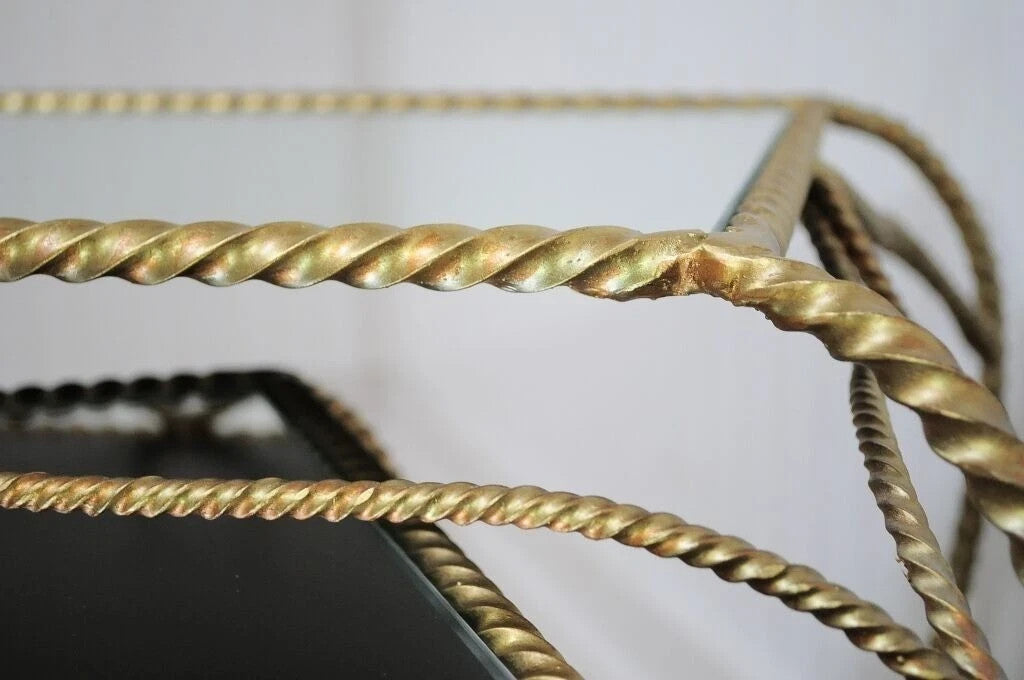 Vintage Italian Hollywood Regency Gold Rope Mirror Top 3 Pc Nesting Side Tables