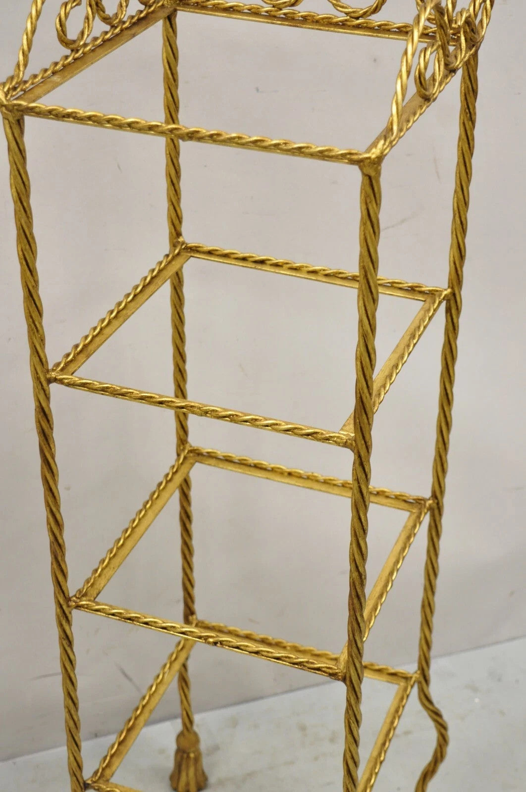 Italian Hollywood Regency Rope Tassel Gold 4 Tier Iron Etagere Shelf - a Pair