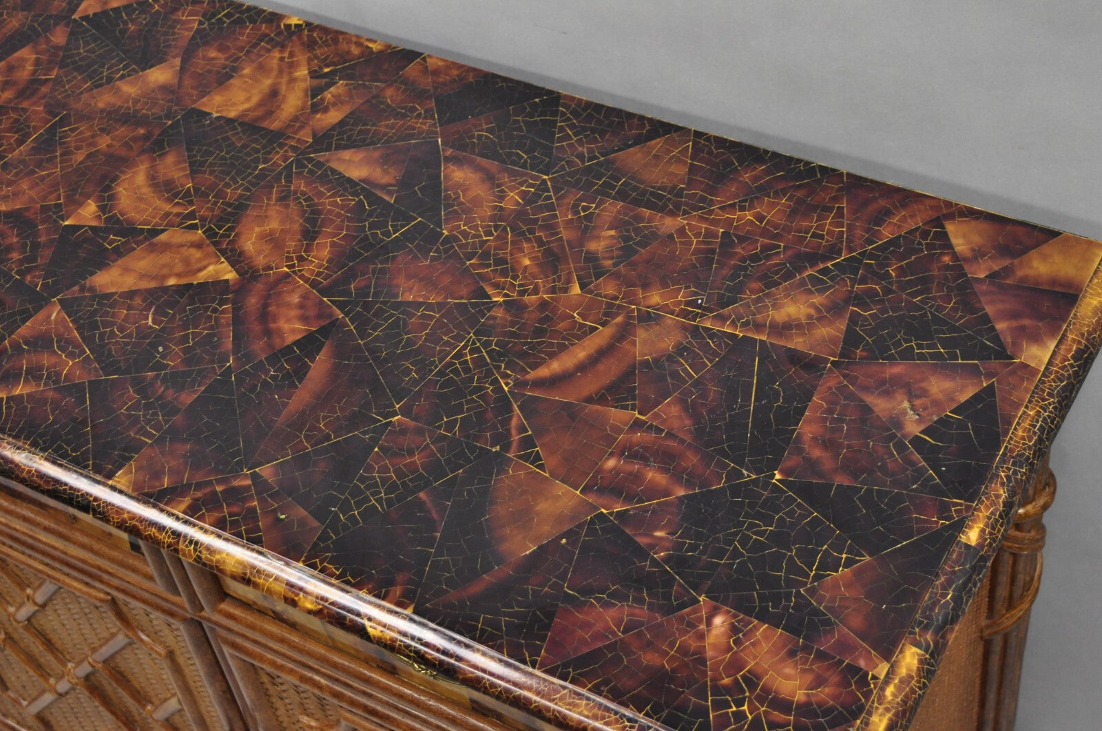 Chinese Chippendale Faux Bamboo Rattan Tortoiseshell Server Buffet Bar Cabinet