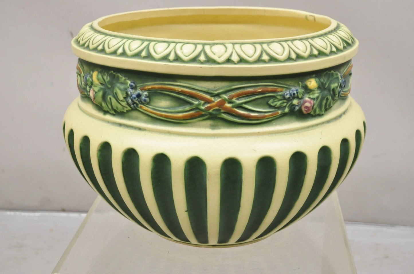 Antique Roseville Corinthian Pattern Jardiniere Planter Pot & Rare Low Pedestal