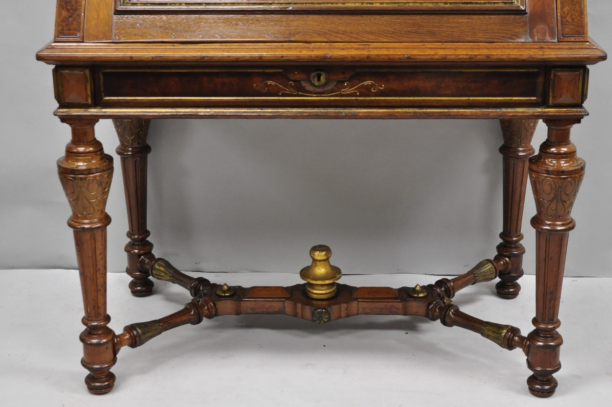 Antique Victorian Burl Walnut Slant Front Secretary Writing Desk with Mirror