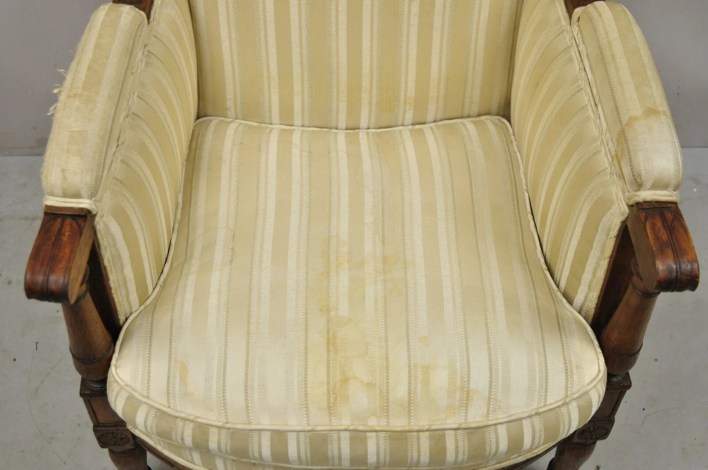 19th C. French Louis XVI Neoclassical Style Walnut Bergere Club Lounge Arm Chair