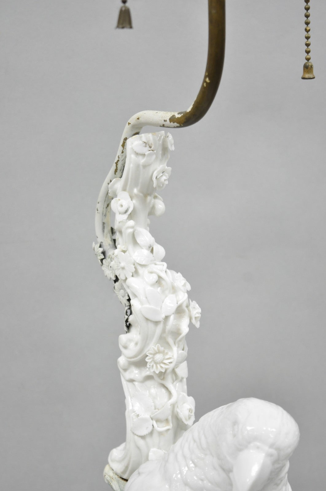 Antique Italian Blanc de Chine White Porcelain Perched Parrot Bird Table Lamp