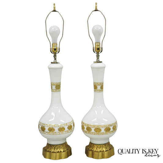 Vintage Hollywood Regency White Glass Gold Gilt Jardiniere Table Lamps - a Pair