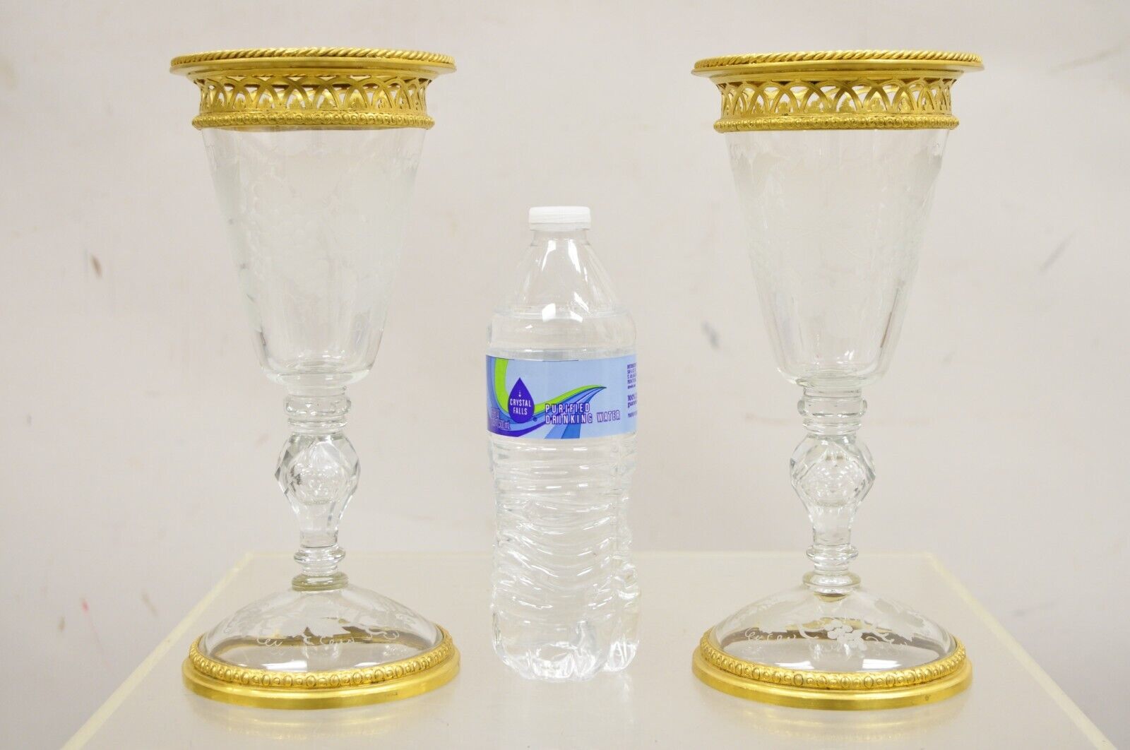 Antique French Louis XV Style Gold Gilt Bronze Crystal Glass Stem Goblet - Pair
