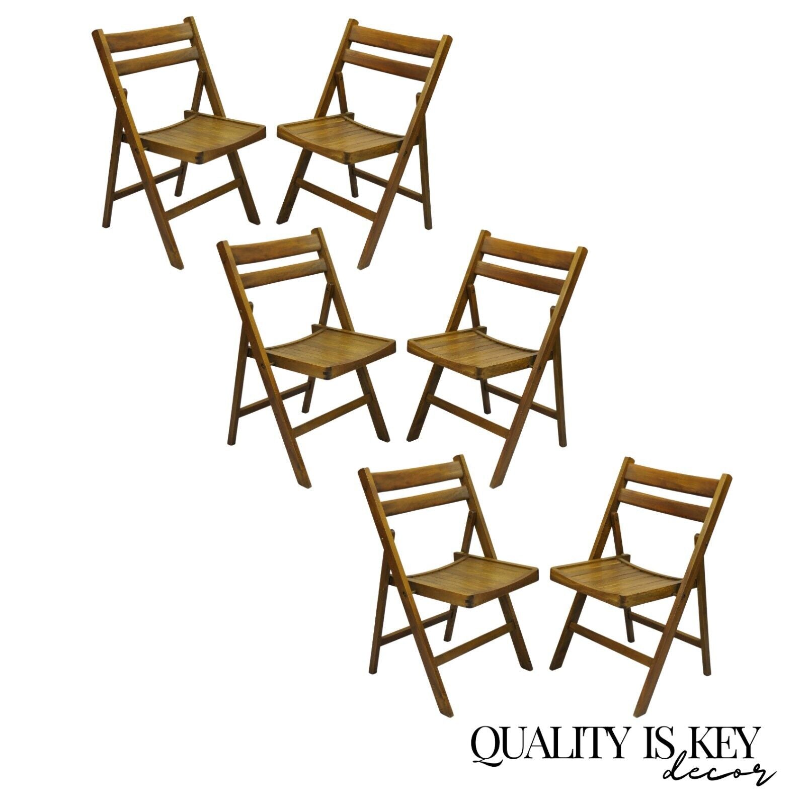 Vintage Mid Century Modern Solid Wood Slatted Folding Chairs  - Set of 6