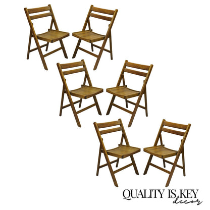 Vintage Mid Century Modern Solid Wood Slatted Folding Chairs  - Set of 6