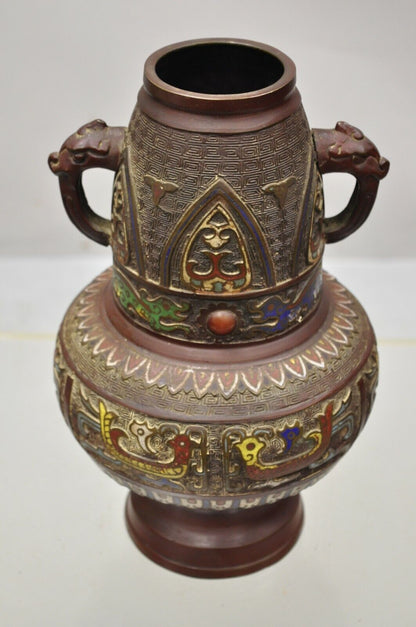 Antique Japanese Champleve Cloisonne Bronze Twin Handle 12" Vase