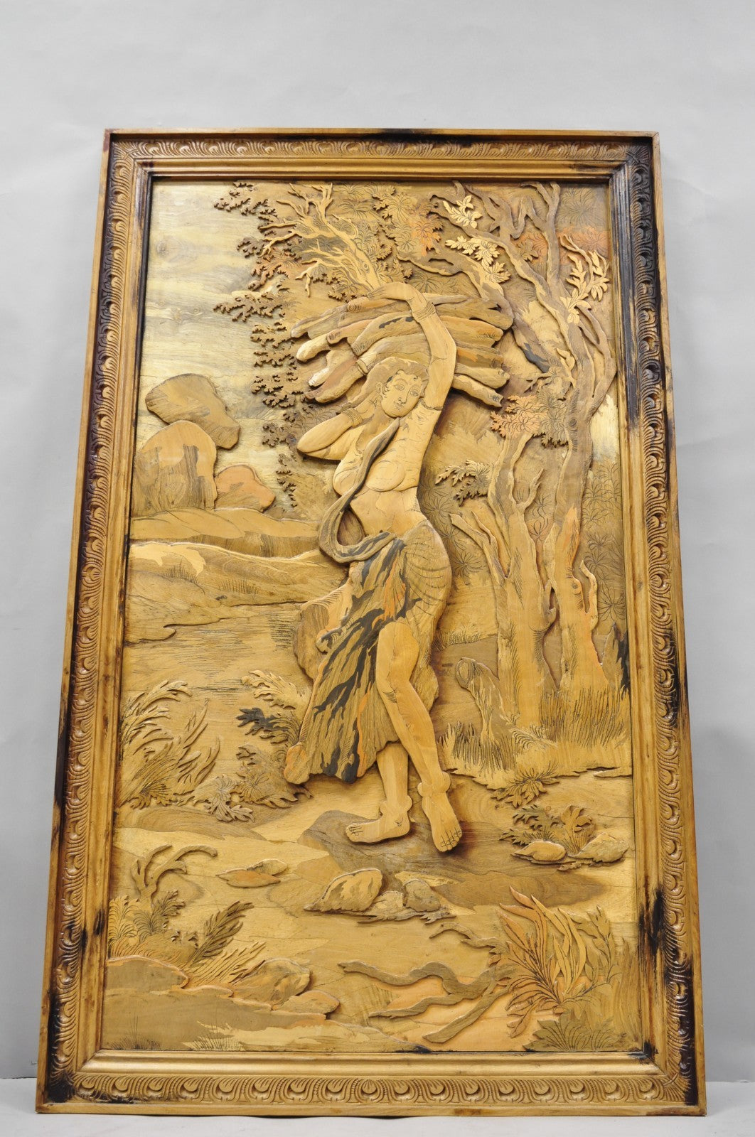 Vintage Large 60" Anglo Indian High Relief Carved Wood Thai Woman Art Plaque