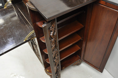 Vintage J L George Zee Chinese Figural Carved Teak Wood Flip Top Dry Bar Cabinet