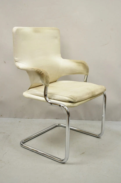 Vintage Mid Century Modern Milo Baughman Style Tubular Chrome Fabric Arm Chair