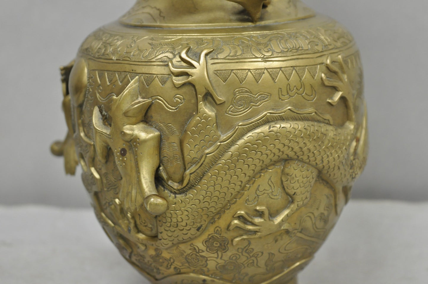 Vintage Japanese Dragon Relief Bronze Chinese 10" Oriental Flower Vase - a Pair