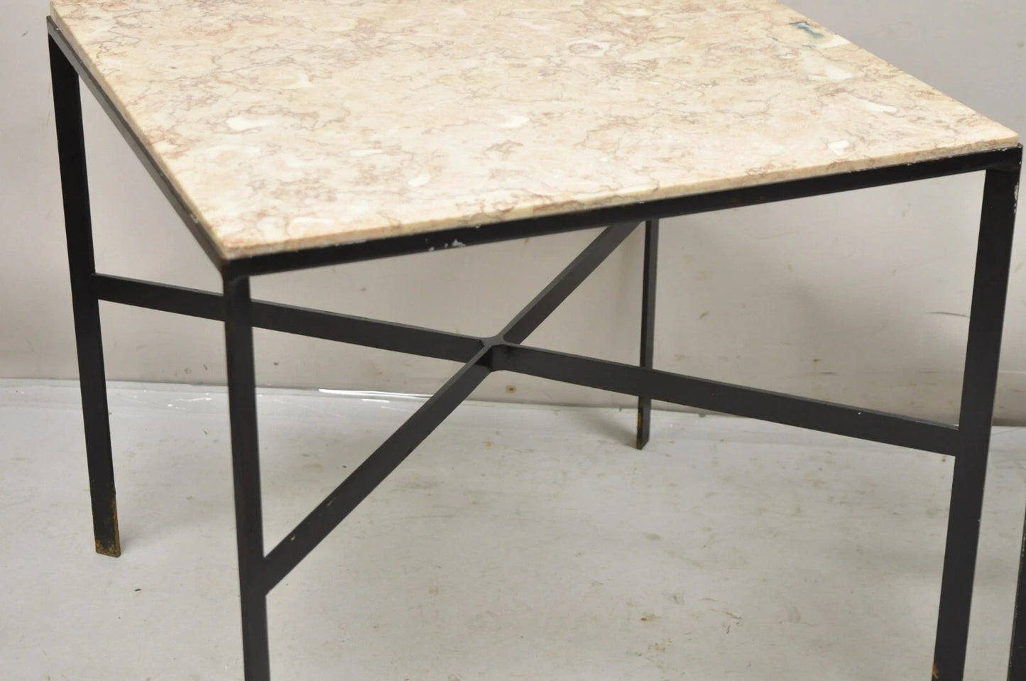 Mid Century Modern Paul McCobb Style Wrought Iron Marble Square Side Table Pair