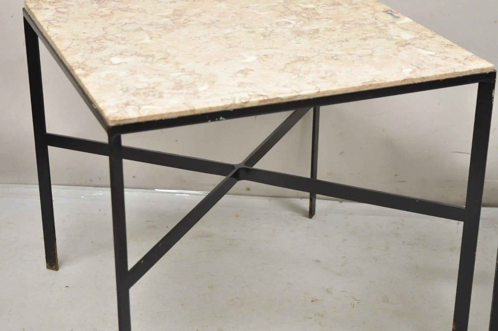 Mid Century Modern Paul McCobb Style Wrought Iron Marble Square Side Table Pair