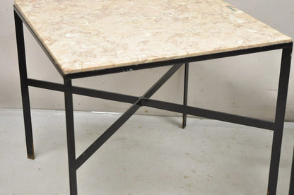 Mid Century Modern Paul McCobb Style Wrought Iron Marble Square Side Table Pair
