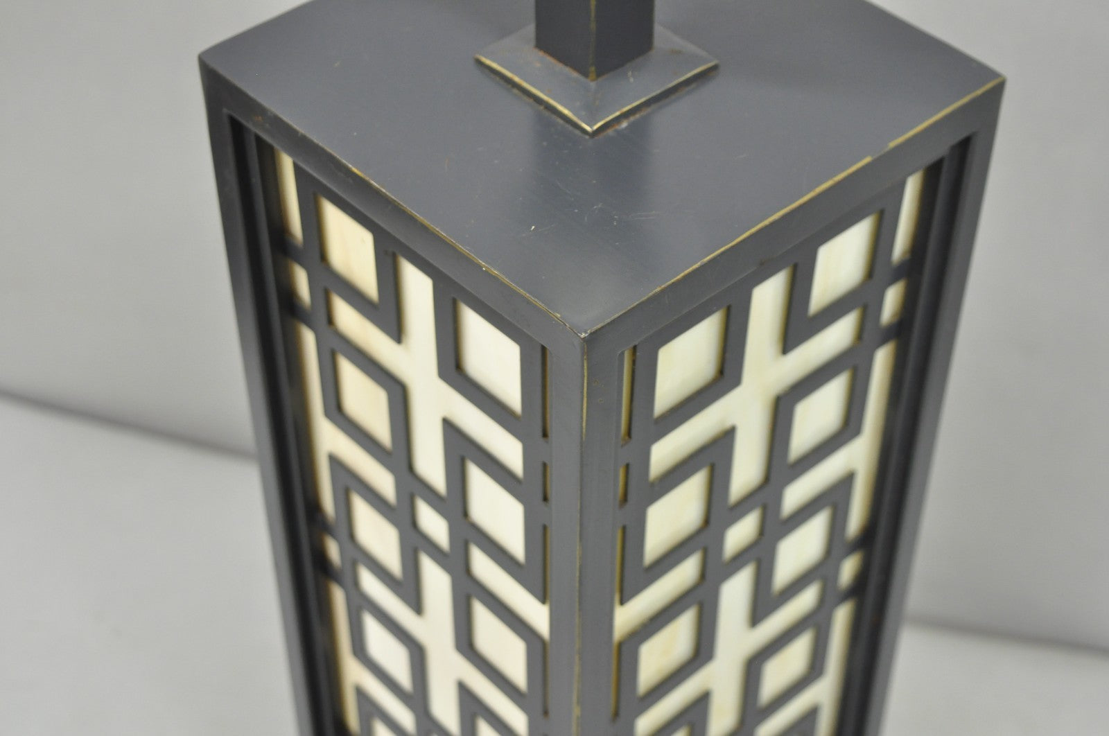 Contemporary Chinoiserie Stained Glass Brushed Metal Fretwork Design Table Lamp