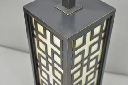 Contemporary Chinoiserie Stained Glass Brushed Metal Fretwork Design Table Lamp