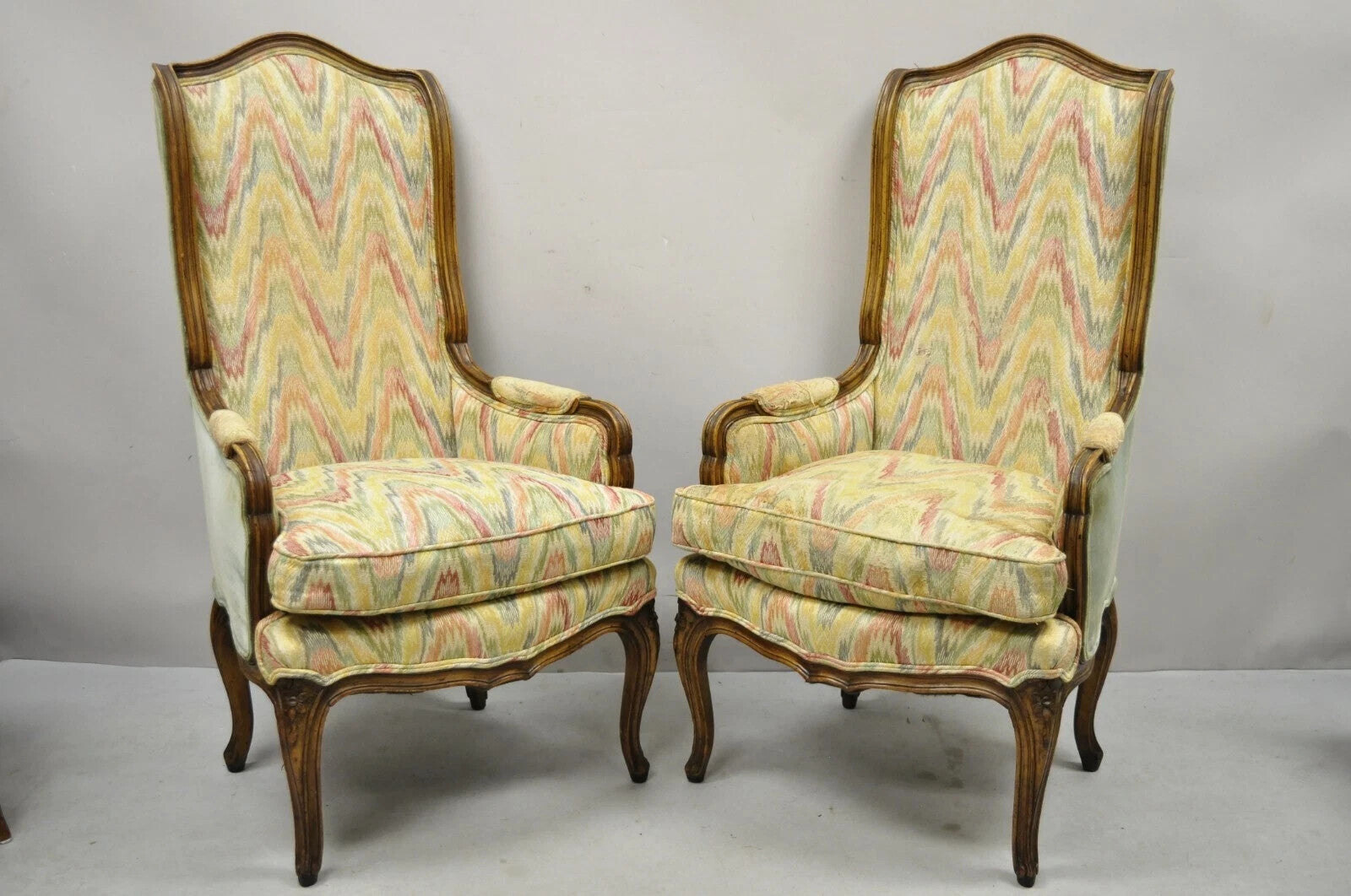 Vintage French Country Provincial High Back Walnut Arm Chairs (B) - a Pair