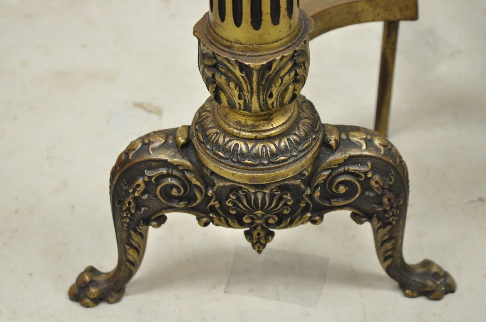 Antique French Empire Style Bronze Column Flame Finial Fireplace Andirons - Pair