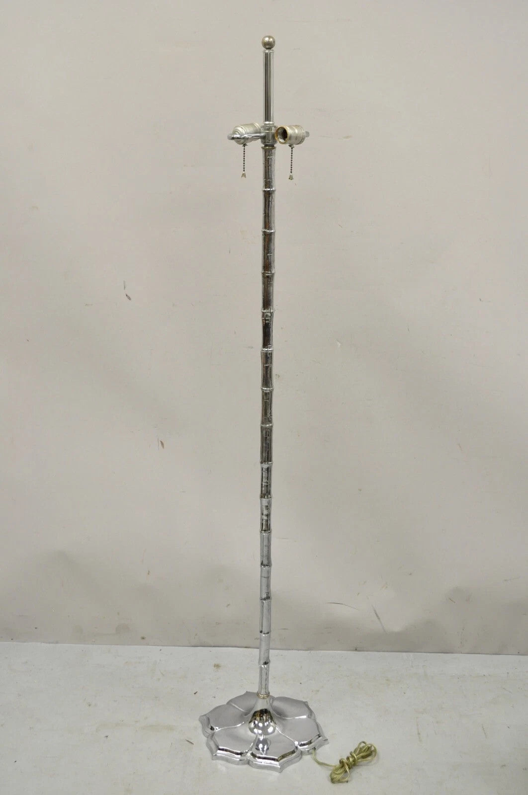 Vintage Hollywood Regency Faux Bois Bamboo Chrome Lotus Base Pole Floor Lamp