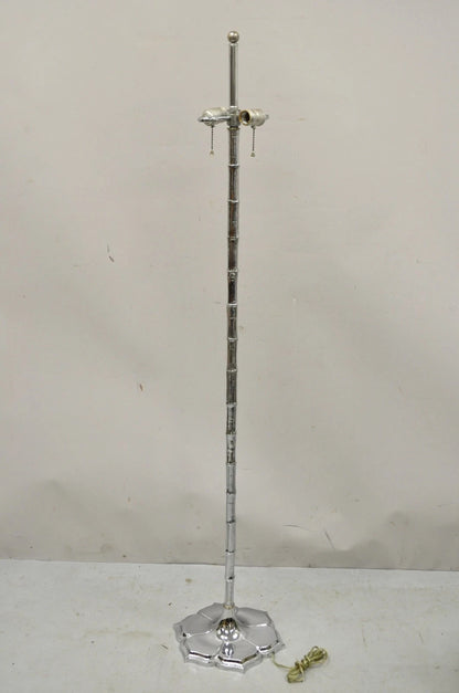 Vintage Hollywood Regency Faux Bois Bamboo Chrome Lotus Base Pole Floor Lamp