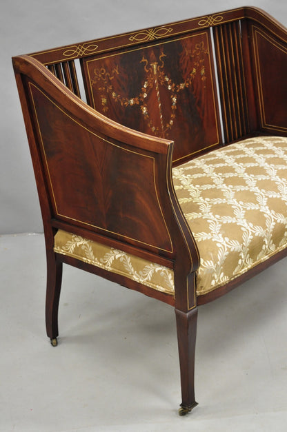Antique Victorian Edwardian Mahogany Settee Loveseat w/ Mother of Pearl Inlay