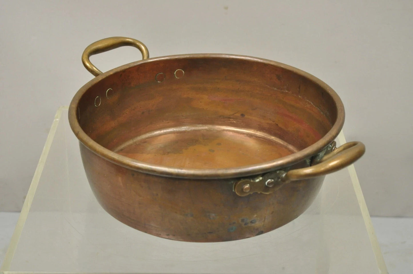 Antique French Country Hand Forged 12" Round Twin Handle Copper Cauldron Pot Pan
